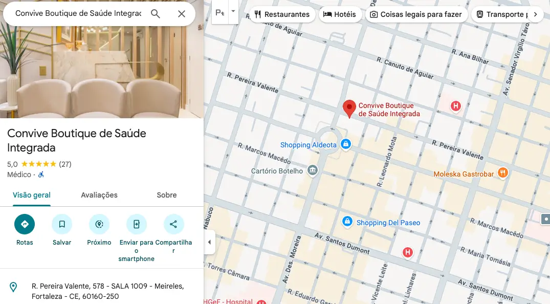 Mapa de localização da Clínica Convive Boutique — Rua Pereira Valente, 578, sala 1001 — 10º andar, Meireles, Fortaleza, CE, 60160-250
